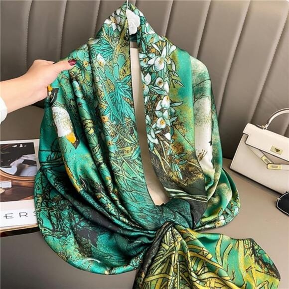 Elegant Silk Scarf Shawl for Women Lightweight Floral Satin Scarf Trendy Silky - Picture 2 of 5